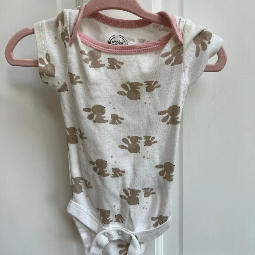 Wonder Nation 0-3M White & Brown Bunny Girls Short Sleeve Onesie